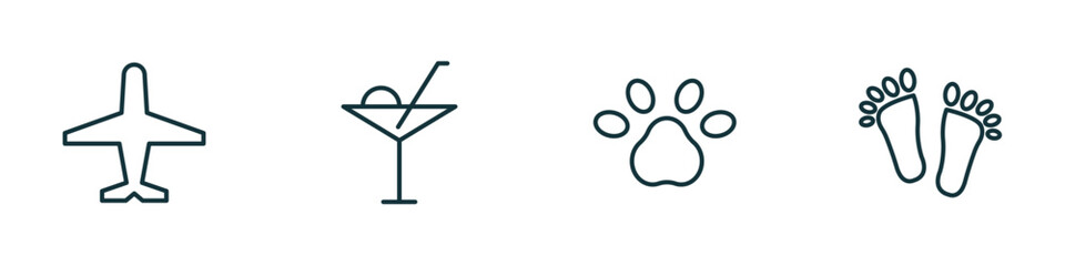 set of 4 linear icons from signs concept. outline icons included airport, drinks, pet, barefoot vector