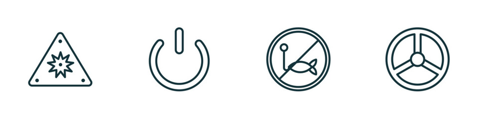 set of 4 linear icons from signs concept. outline icons included uv ray warning, power button, no fishing, nuclear vector