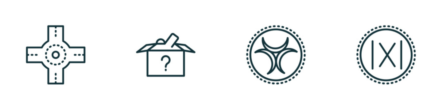 set of 4 linear icons from signs concept. outline icons included junction, lost items, toxic waste, absolute vector