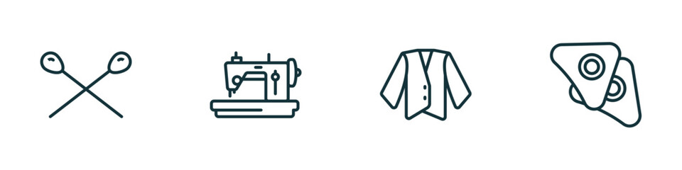 set of 4 linear icons from sew concept. outline icons included knitting neddles, sewing hine, jacket, chalk vector
