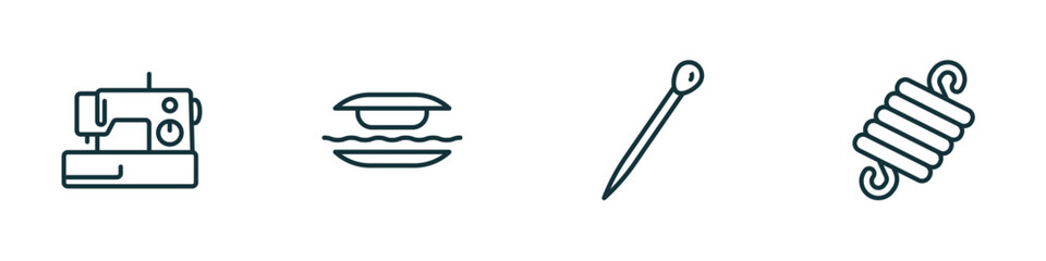 set of 4 linear icons from sew concept. outline icons included new sewing hine, grommet, pin sew, wire coil vector