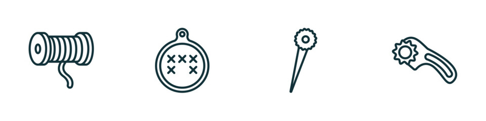 set of 4 linear icons from sew concept. outline icons included cotton reel, arras, pin, rotary vector