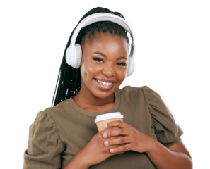 Headphones, woman portrait and music listening with coffee and happy from radio. Excited smile, African female person and hearing audio and podcast with tea isolated on a transparent, png background