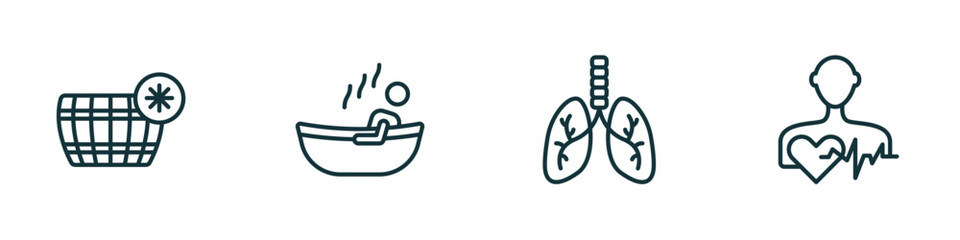 set of 4 linear icons from sauna concept. outline icons included cold plunge, 2steam bath, respiration, cardiovascular system vector