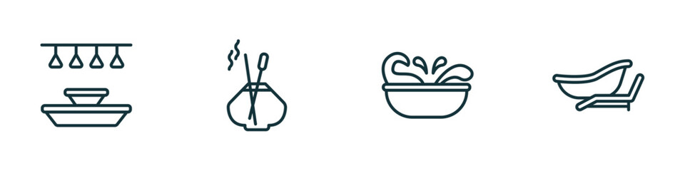 set of 4 linear icons from sauna concept. outline icons included light stimulation, aroma stimulation, splashing, private spa vector