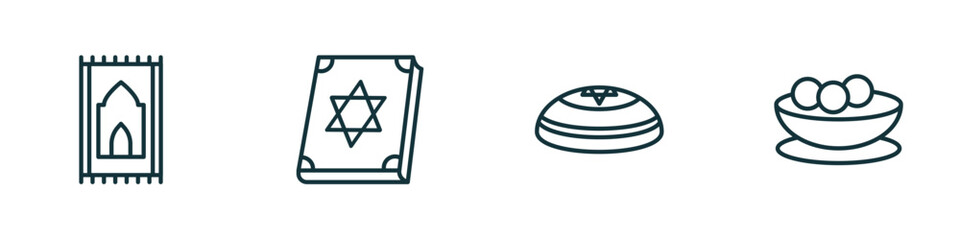 set of 4 linear icons from religion concept. outline icons included praying mat, torah book, kippah, matzo ball soup vector