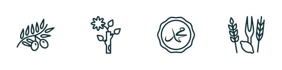 set of 4 linear icons from religion concept. outline icons included olive branch, budding staff, muhammad word, four species vector
