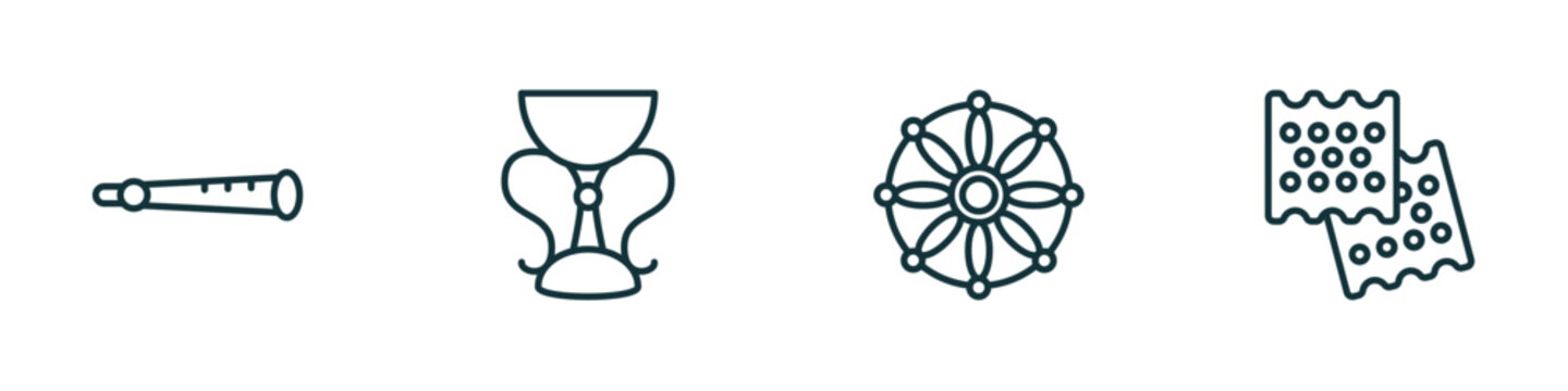 set of 4 linear icons from religion concept. outline icons included shehnai, holy chalice, dharma, matzo vector