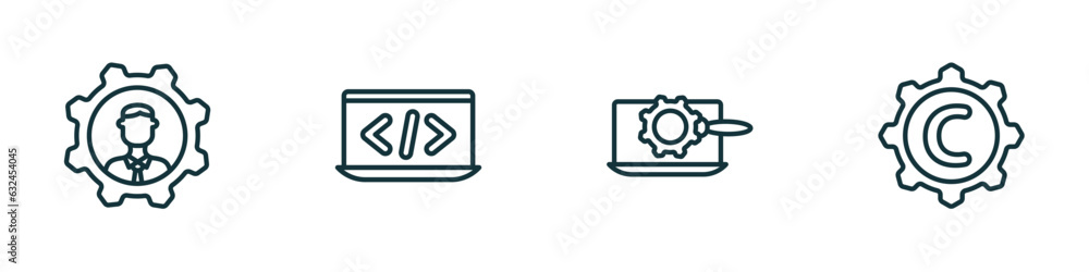 Poster set of 4 linear icons from seo concept. outline icons included seo management, programming language,