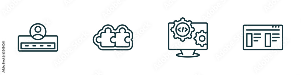 Poster set of 4 linear icons from programming concept. outline icons included login, addon, engineering, th
