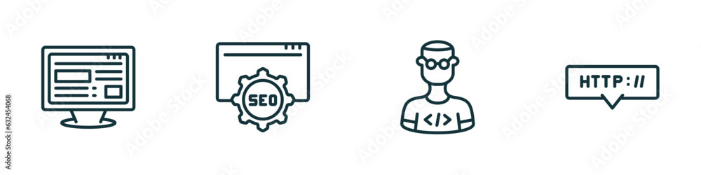 Poster set of 4 linear icons from programming concept. outline icons included adaptive layout, image seo, d