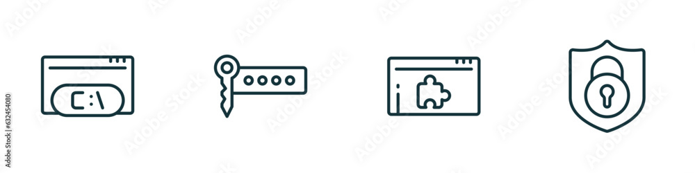 Aufkleber set of 4 linear icons from seo concept. outline icons included command, seo keywords, plugin, encryp
