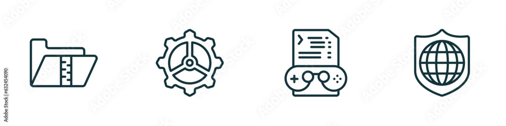 Poster set of 4 linear icons from programming concept. outline icons included archive, cogwheel, game devel