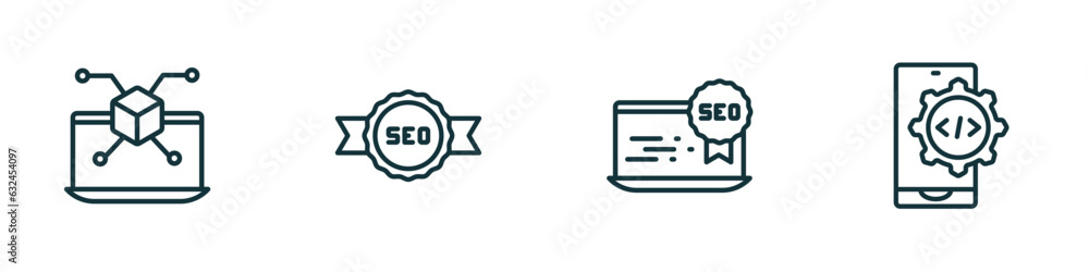Poster set of 4 linear icons from programming concept. outline icons included simulation, seo badge, seo re