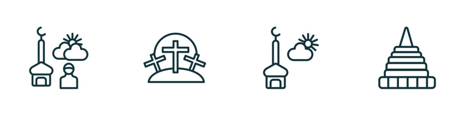 set of 4 linear icons from religion concept. outline icons included fajr dawn prayer, calvary, assr, doi suthep vector