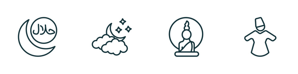set of 4 linear icons from religion concept. outline icons included islamic halal, ramadan crescent moon, buddha, sufi mystic vector