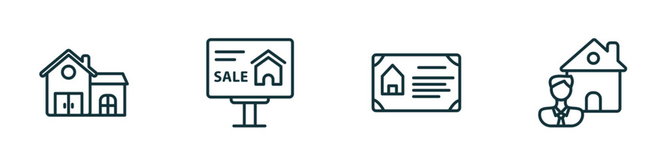 set of 4 linear icons from real estate concept. outline icons included house front view, advertisement, certification, agent vector