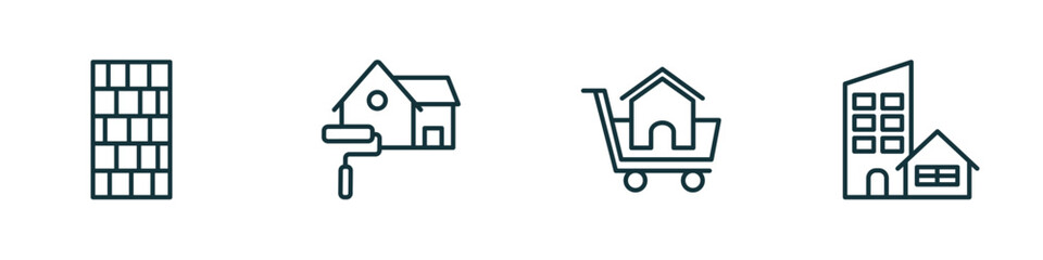 set of 4 linear icons from real estate concept. outline icons included wall, paint roll, shopping, real state vector