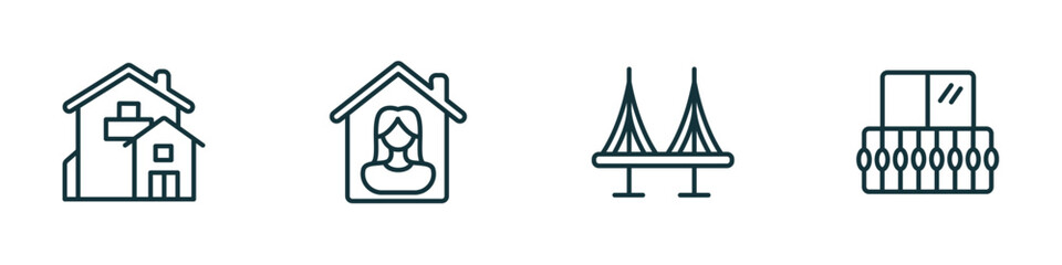set of 4 linear icons from real estate concept. outline icons included mansion, tenant, bridges, balcony vector