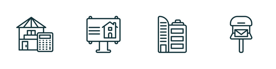 set of 4 linear icons from real estate concept. outline icons included calculate, billboard, office building, mailbox vector