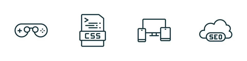 set of 4 linear icons from programming concept. outline icons included console, css, cross-platform, seo cloud vector