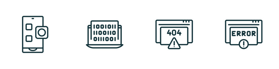 set of 4 linear icons from programming concept. outline icons included app, binary code, error 404, error vector