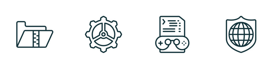 set of 4 linear icons from programming concept. outline icons included archive, cogwheel, game development, secured network vector