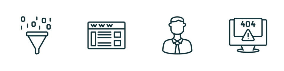 set of 4 linear icons from programming concept. outline icons included seo funnel, web page, seo, program error vector