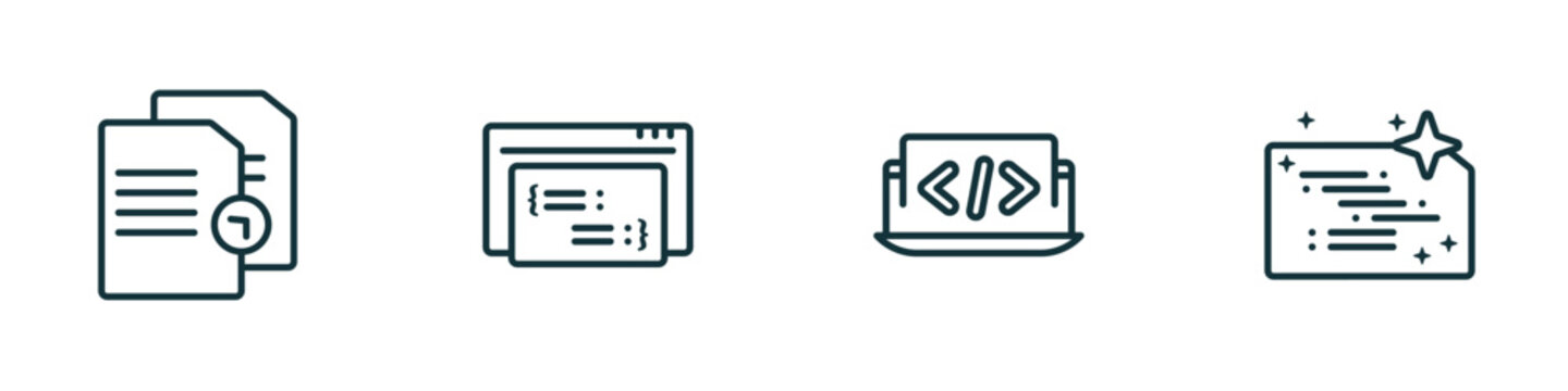set of 4 linear icons from programming concept. outline icons included duplicate, code listing, coding, clean code vector