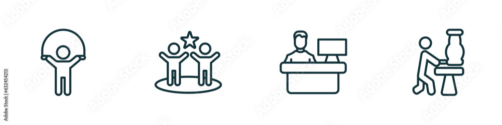 Poster set of 4 linear icons from people concept. outline icons included playing with a rope, team success,