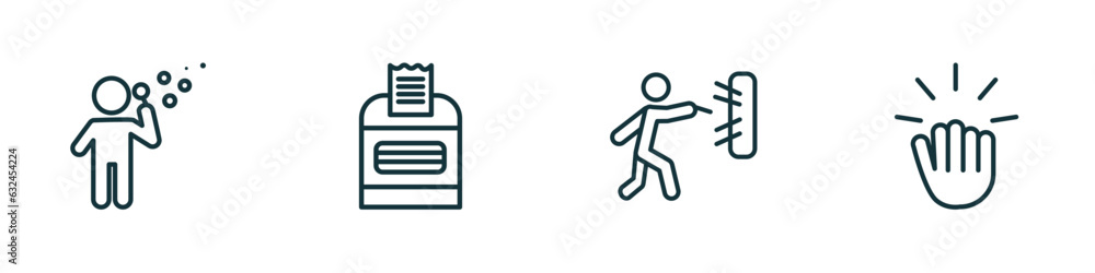 Poster set of 4 linear icons from people concept. outline icons included man making soap bubbles, ticket hi
