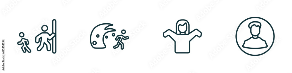 Poster set of 4 linear icons from people concept. outline icons included hide and seek, waves danger, getti
