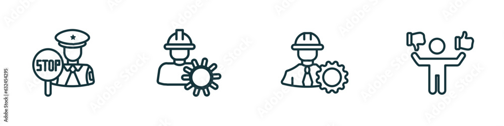Poster set of 4 linear icons from people concept. outline icons included traffic police, layer working, con