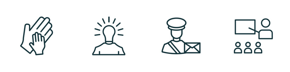set of 4 linear icons from people concept. outline icons included hand of an adult, man with idea, postman working, classes vector