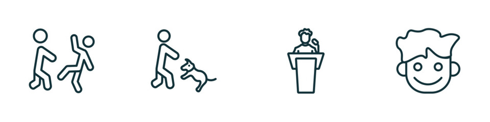 set of 4 linear icons from people concept. outline icons included helping other to jump, dog trainer, man giving a speech, happy smile vector