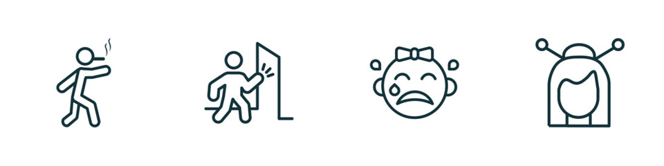 set of 4 linear icons from people concept. outline icons included man walking and smoking, man knocking a door, crying baby, japanese geisha vector