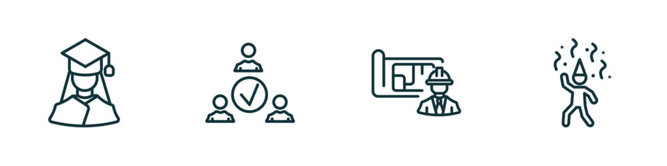 set of 4 linear icons from people concept. outline icons included graduating woman, team work success, architect, man partying vector