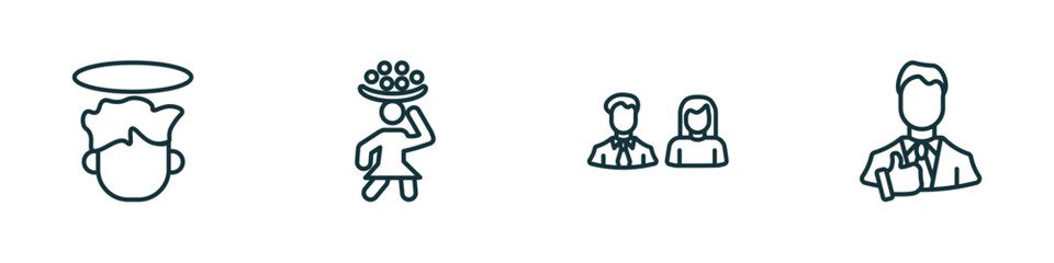 set of 4 linear icons from people concept. outline icons included boy angel head, woman carrying, parents, tumb up business man vector