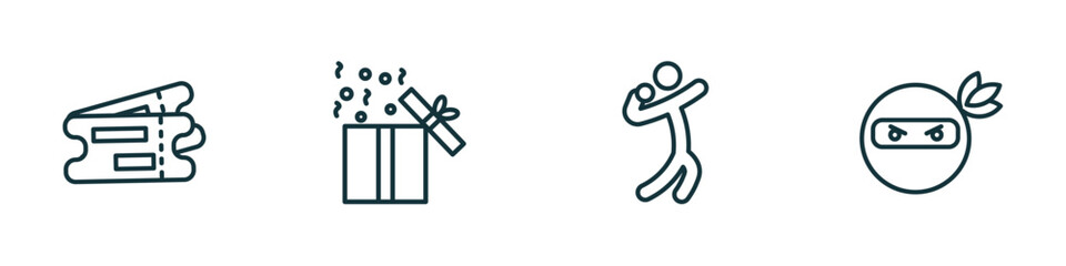 Fototapeta na wymiar set of 4 linear icons from people concept. outline icons included validating ticket, open present box, shot put, ninja portrait vector