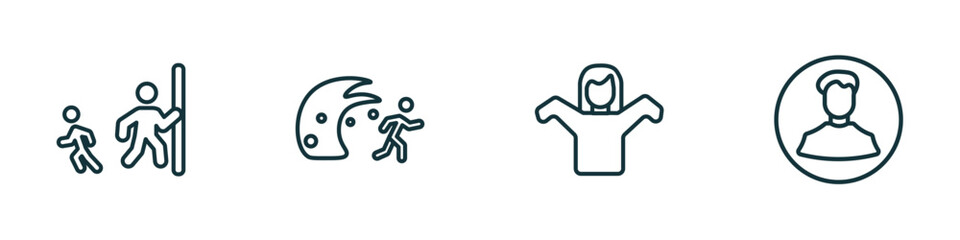 set of 4 linear icons from people concept. outline icons included hide and seek, waves danger, getting dressed, male users vector