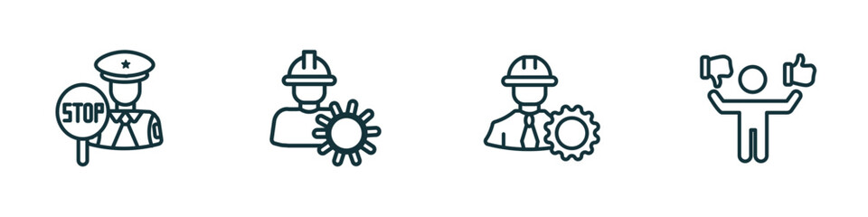 set of 4 linear icons from people concept. outline icons included traffic police, layer working, constructor, preference vector