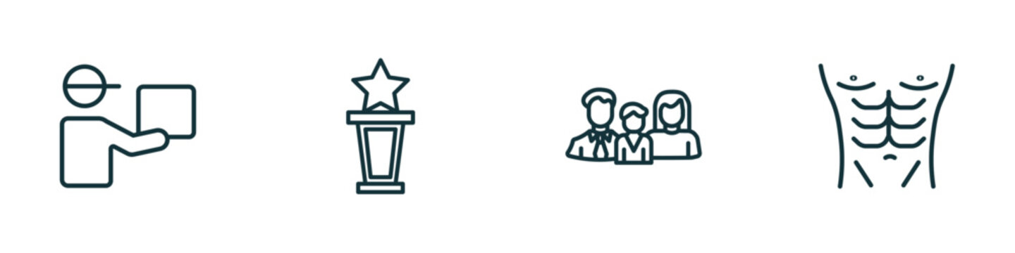 set of 4 linear icons from people concept. outline icons included curier, cinema award, family board games, torso vector