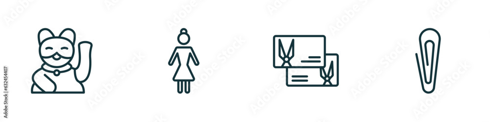 Wall mural set of 4 linear icons from other concept. outline icons included japanese cat, japanese demon, hair cut business card, metal paper clip vector