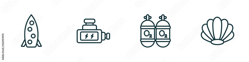 Poster set of 4 linear icons from nautical concept. outline icons included one suroard, ship engine, oxygen