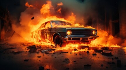 Fototapeta na wymiar Car on Fire Accident, Burning Car Background, Car Insurance Concept. Generative Ai