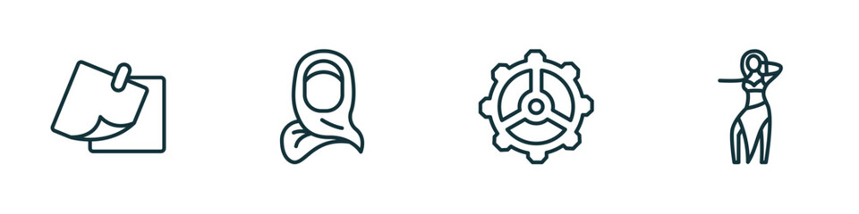 set of 4 linear icons from other concept. outline icons included two post it, woman with hijab, tings, belly dance vector