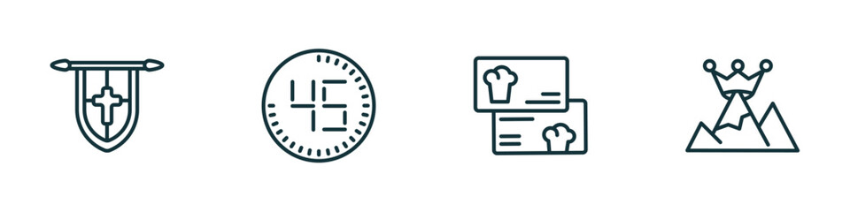set of 4 linear icons from other concept. outline icons included blazon, digital number 45, cook business card, king of the hill vector