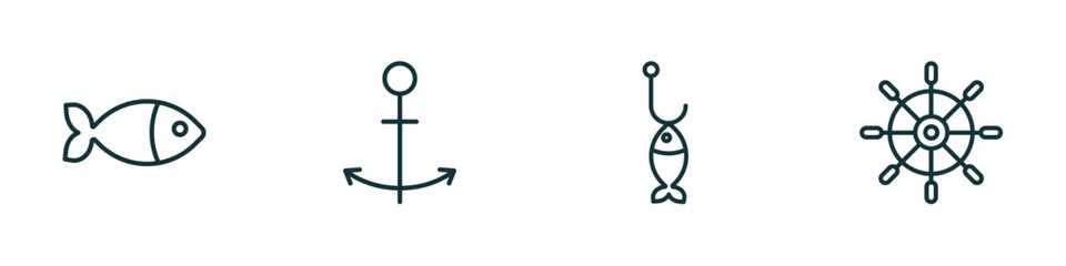 set of 4 linear icons from nautical concept. outline icons included fish facing right, sailor, fish shaped bait, boat steering wheel vector
