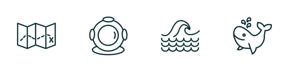 set of 4 linear icons from nautical concept. outline icons included treasure map, diving helmet, sea, whale vector © Farahim