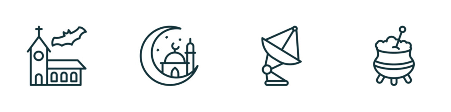 set of 4 linear icons from other concept. outline icons included church with bats, mosque moon and star, satelite antenna, caudron vector